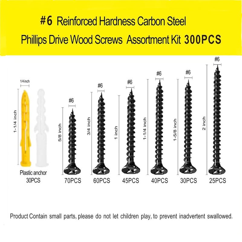 LERNOU #6 Wood Screw Assembly Kit, Phillips Drive Flat Head Self Tapping Screw Set, Kitchen Cabinet Drywall Small Screws 300 Pcs, Length 5/8" to 2", Oxide Coated Deck Black or DIY Fasteners. - Image 2